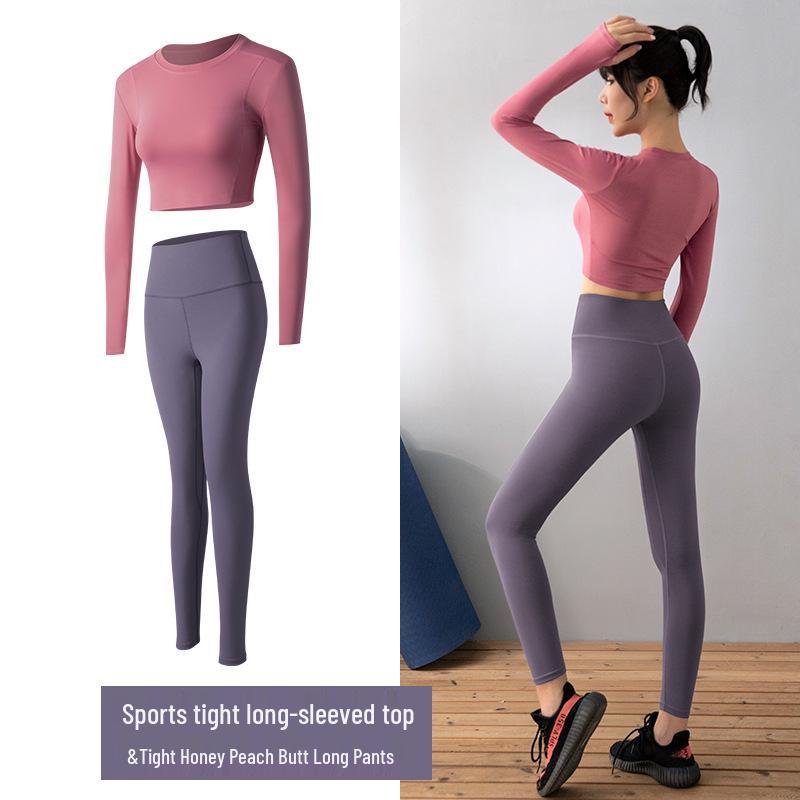 Seamless Yoga Set: Women's Long Sleeve Top & High Waist Peach Lift Pants for Gym & Running