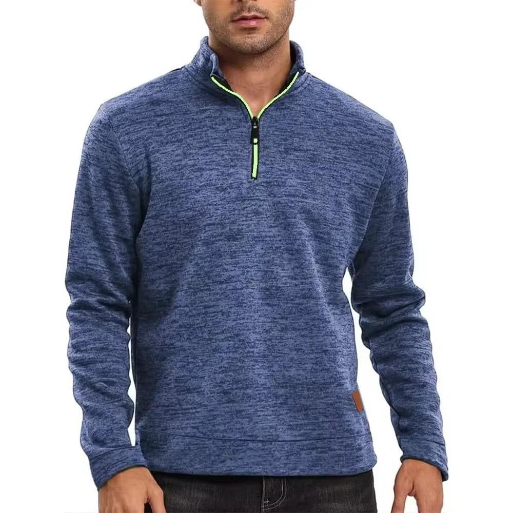 

Осенне-зимний свитер-пуловер с длинными рукавами, полузастежкой-молнией и воротником-стойкой M тёмно-синий