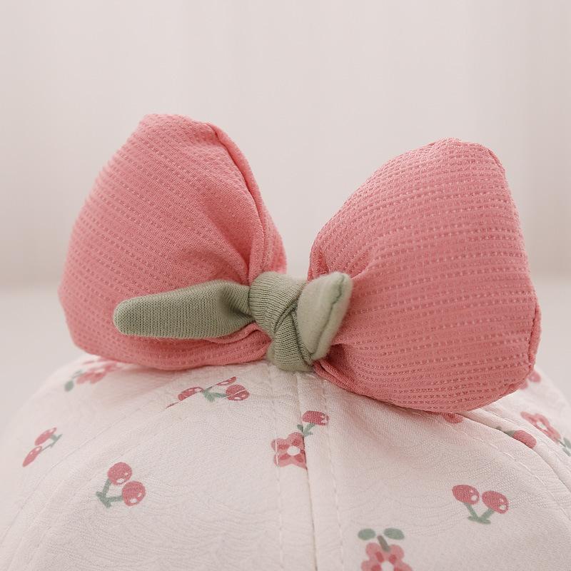 Cute Bow Baby Girl Bucket Hat Sweet Flower Cherry Print Cotton Newborn Infant Fisherman Cap Drawstring Adjustable Toddler Sun Hats