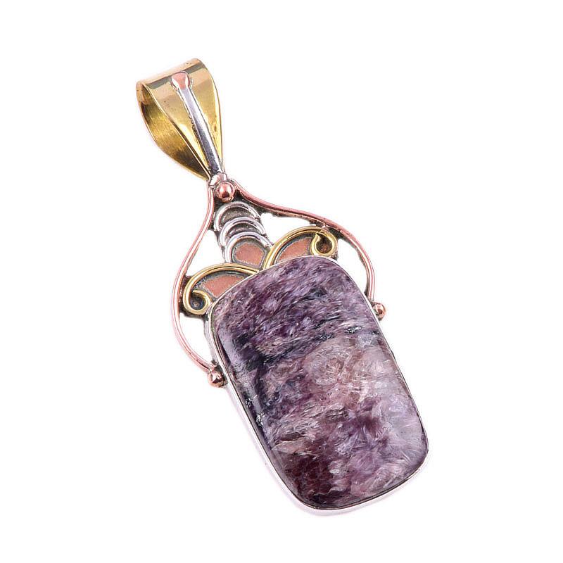Natural Charoite Gemstone 925 Solid Sterling Silver Two Tone Pendant 1.75'' l4t98