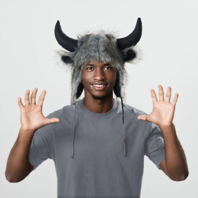 Animal Earflap Hat Cosplay Headwear Winter Warm Hat with Bull Horn For Women Teens Halloween Party Costume Accessories