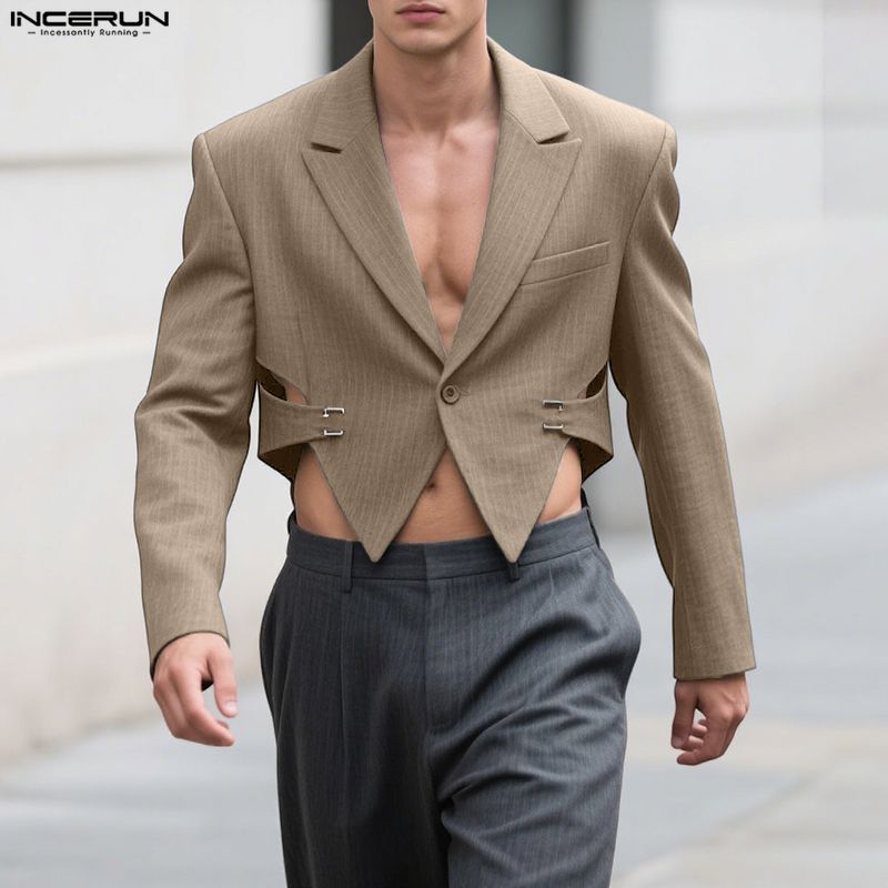 INCERUN Oversized Men Long Sleeve Striped Cutout Irregular Cropped Coats Blazer