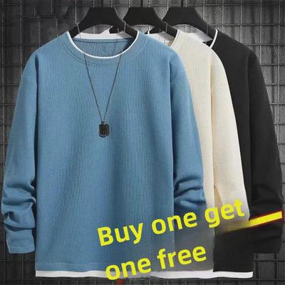 Unisex Fake Two-Piece Waffle Long-Sleeve Sweatshirt - Loose Round Neck, Solid Color, Large Size for Spring & Autumn