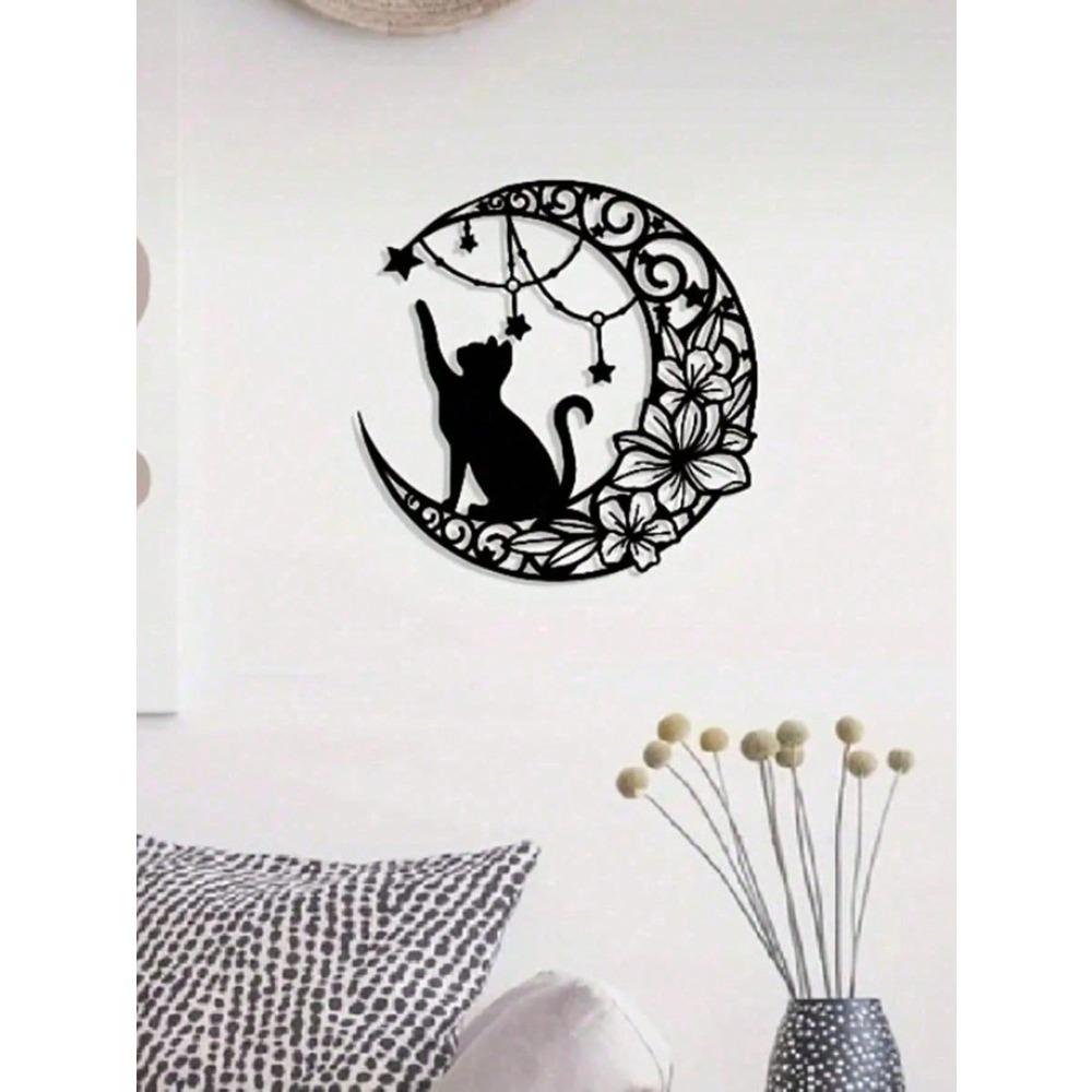 Wrought Iron Black Cat Wall Sculpture Vintage Halloween Home Decor Gothic Metal Art Ornament for Indoor Outdoor Hanging