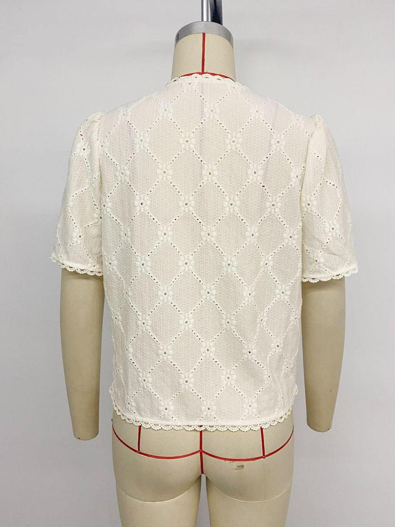 Haut d'été pour femme Style européen et américain 2026 Dentelle Col en V Jacquard Manches Courtes