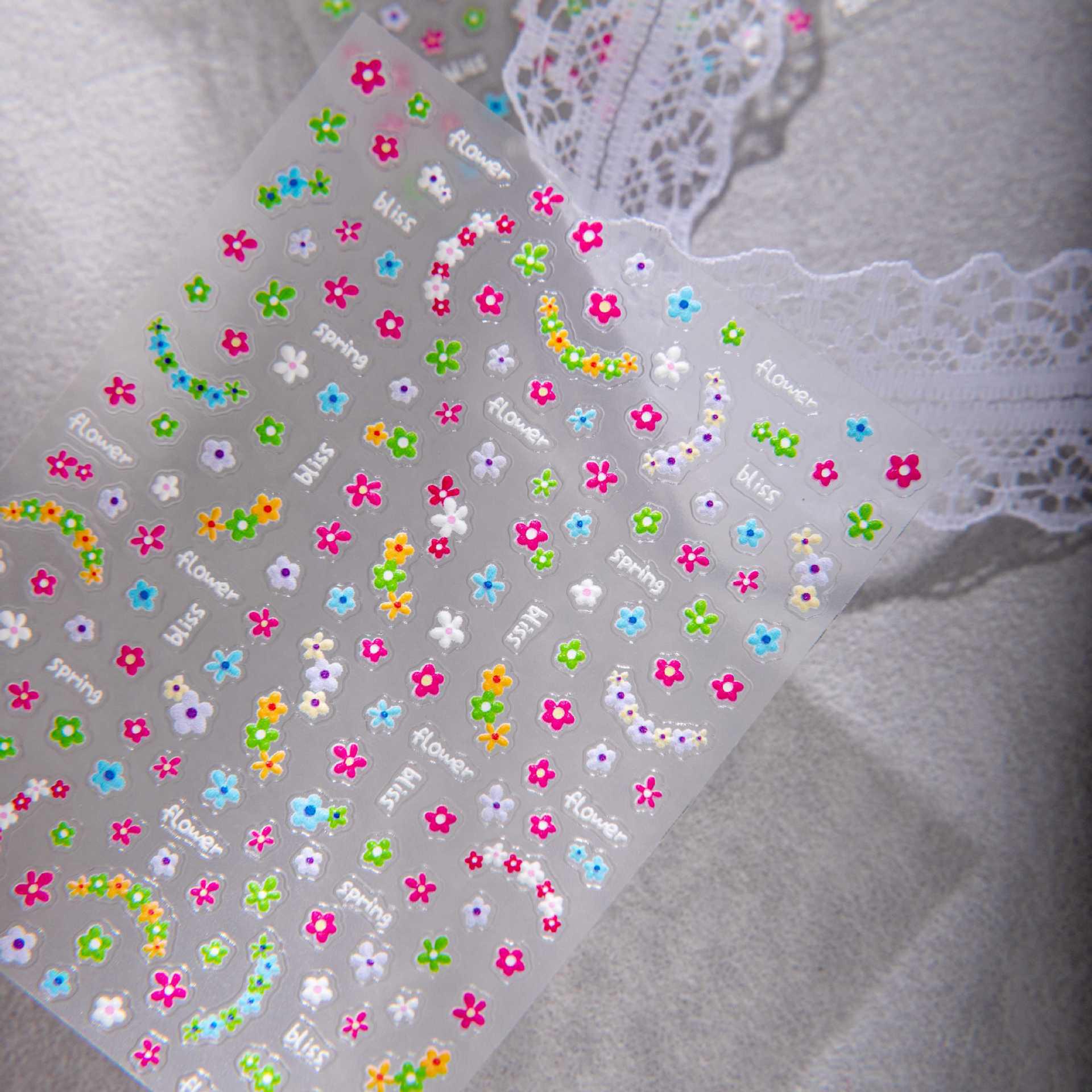 Cross-Border Sweet Cute Nail Stickers - Fresh Embossed Small Flowers & Cartoon Decorations