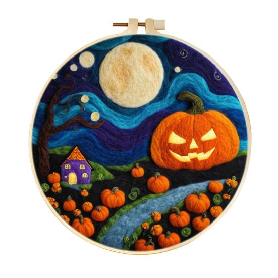 Halloween Needle Felting Kit Beginner Felt Craft Set DIY Felt Painting with Faux Wool Needle Frame Stamped Fabric for Adults Handcraft Lovers