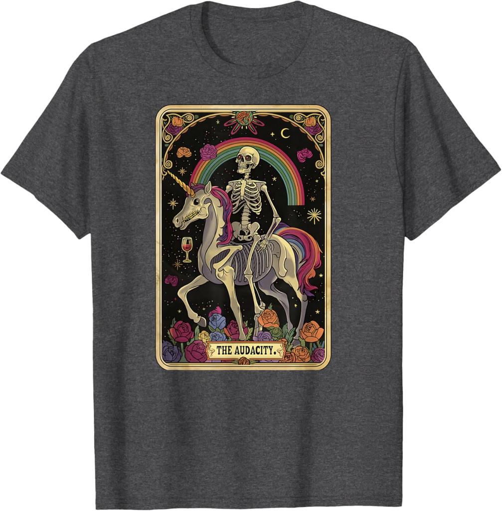 Skelett auf Einhorn reitend Tarot Die Kühnheit Grafik T-Shirt Lässiges Kurzarm Baumwoll-T-Shirt