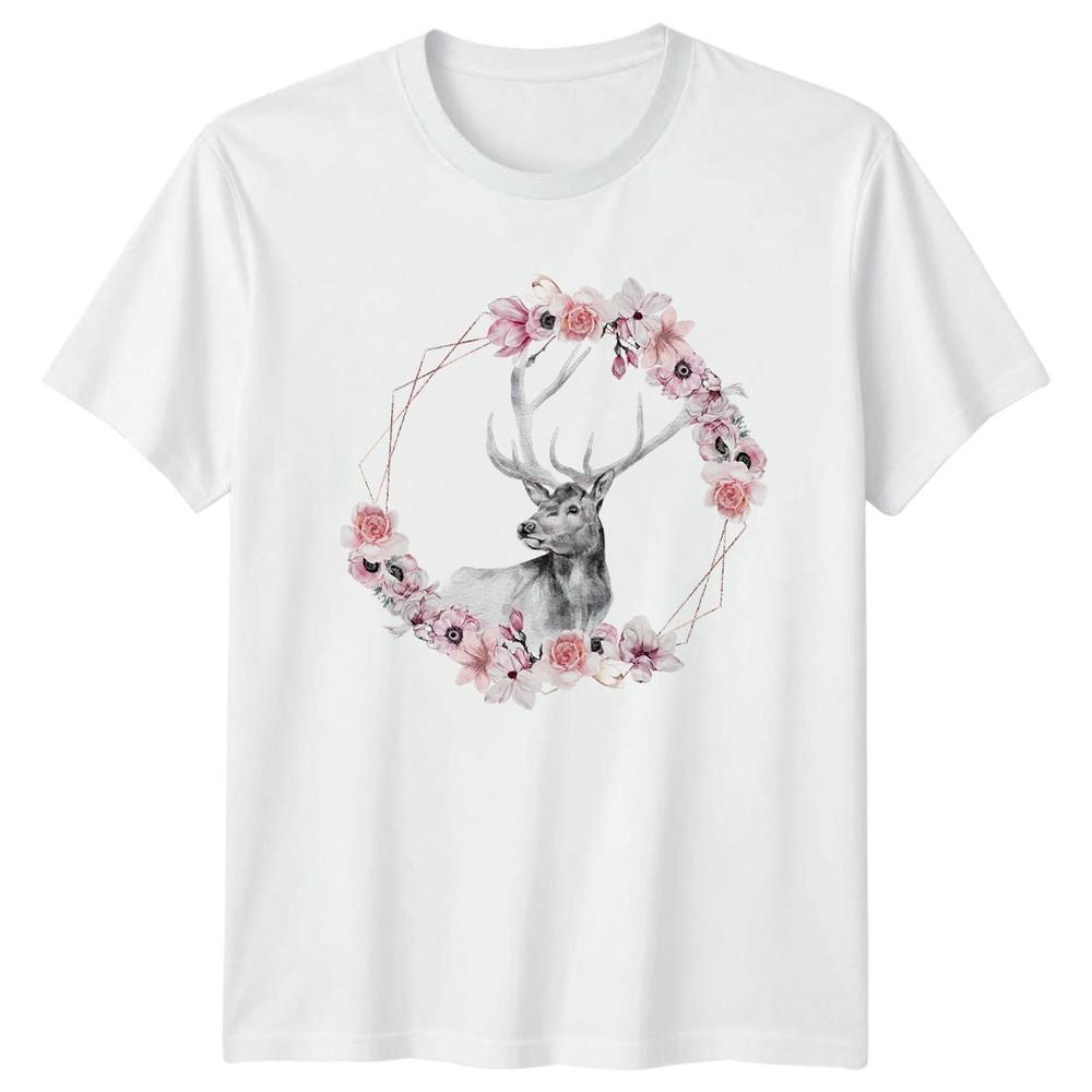 Boho Watercolor Stag Floral Wreath Unisexs TShirt Deer Nature Gift For Her S