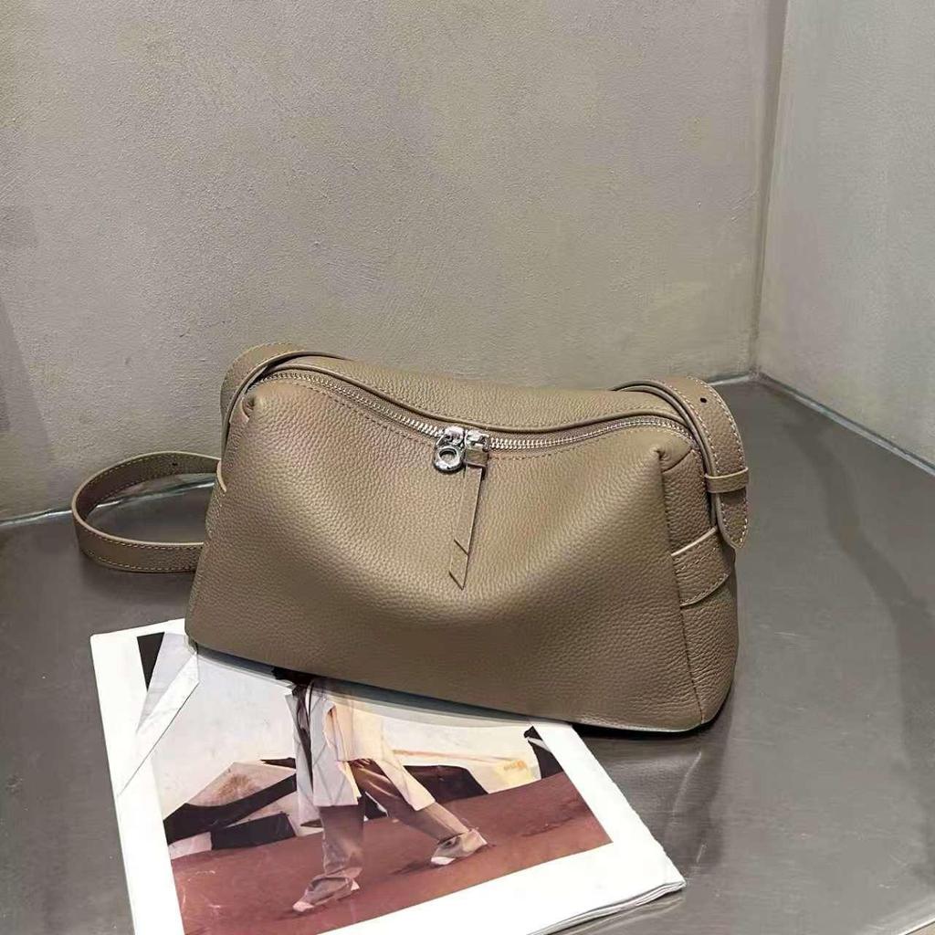 French Minimalist Lychee Grain Cowhide Crossbody Bag - Large Capacity with Adjustable Wide Shoulder Strap for Women