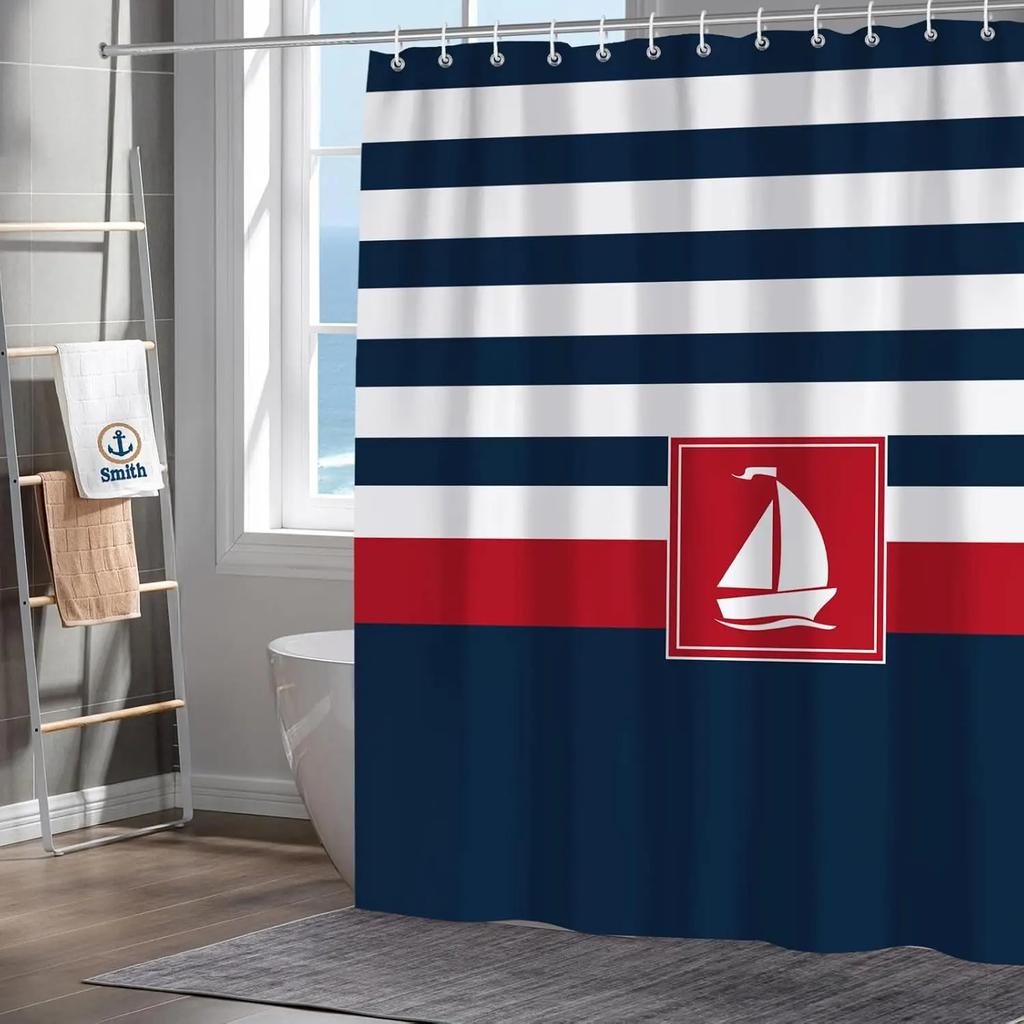 Nautical Shower Curtain Sailing Lighthouse Compasses Shower Curtain Bathroom Waterproof Polyester Fabric Decoration