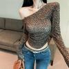 Leopard Print Velvet Low-Cut Long Sleeve Top for Women - Autumn/Winter Slim Fit Base Layer