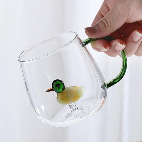 Yousheng Handmade Glass Cup Animal Plant Shape Transparent Water Cup Cute Coffee Milk Drink Cup with Colorful Handle