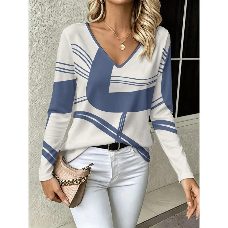 Autumn Women's 3D Geometric Printed V-Neck Long Sleeve T-Shirt