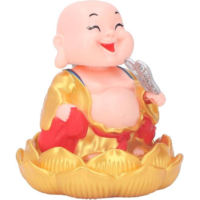 Walfront Solar Powered Figurine Nodding Smiling Buddha Maitreya Solar Buddha Statue Toy Little Monk Figurine Desktop Ornaments (Red)