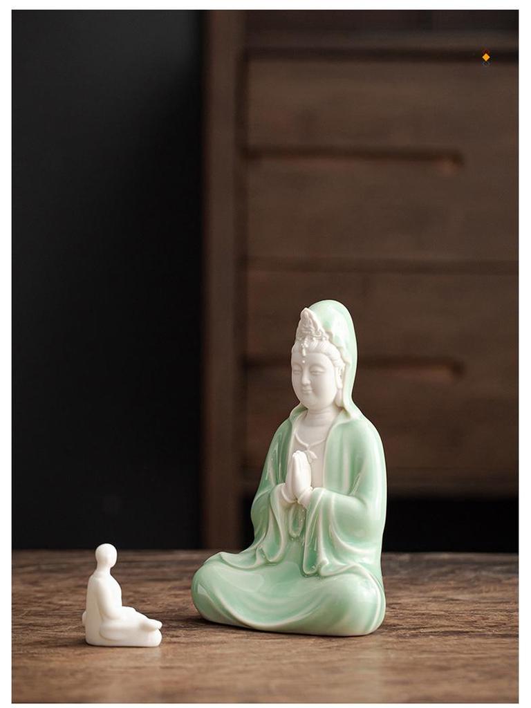 Ceramic Seated Guanyin On Lotus with Light Ring and Anjali Mudra for Home Decor