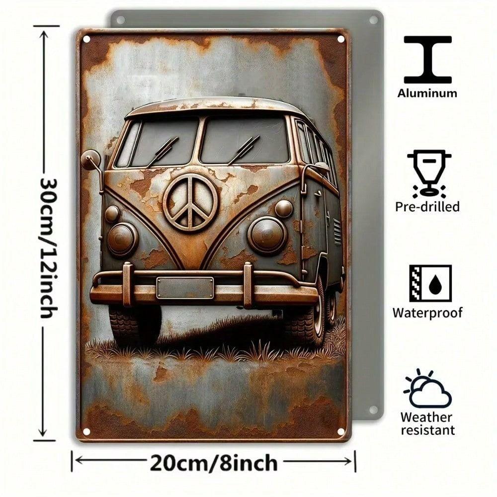 Letrero Metálico de Furgoneta Camper Vintage Decoración de Pared Símbolo de la Paz Póster de Aluminio