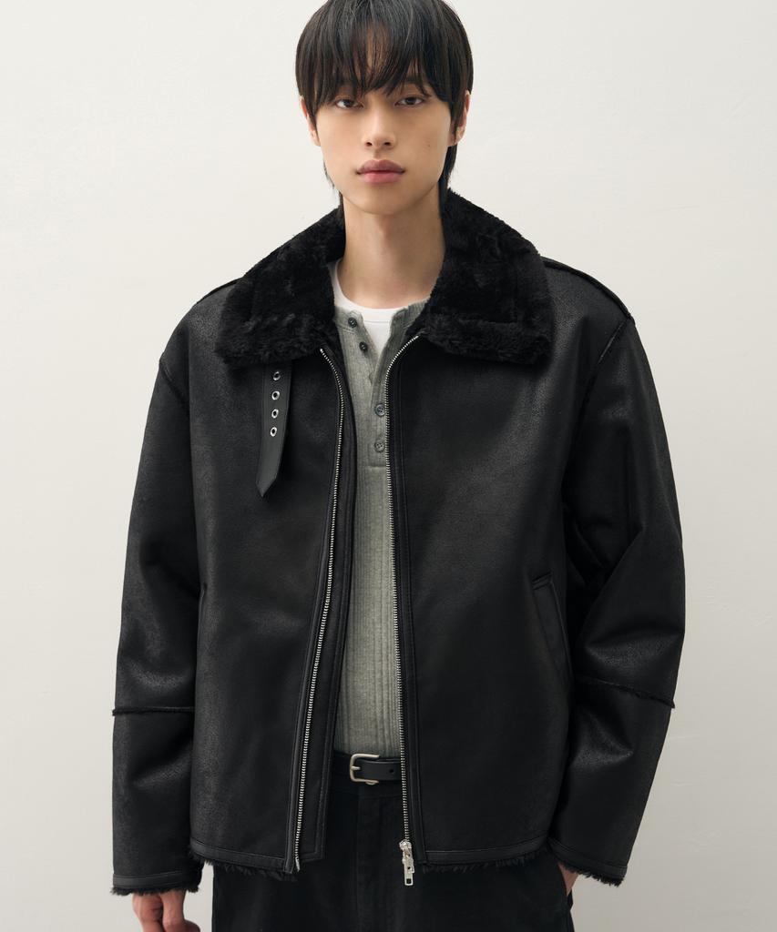 Draw Fit Oversized Suede Line Shearling Jacket [All Black]