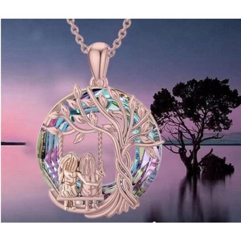 Tree Of Life Sisters Swing Pendant Necklace Women Colorful Crystal Memorial Jewelry