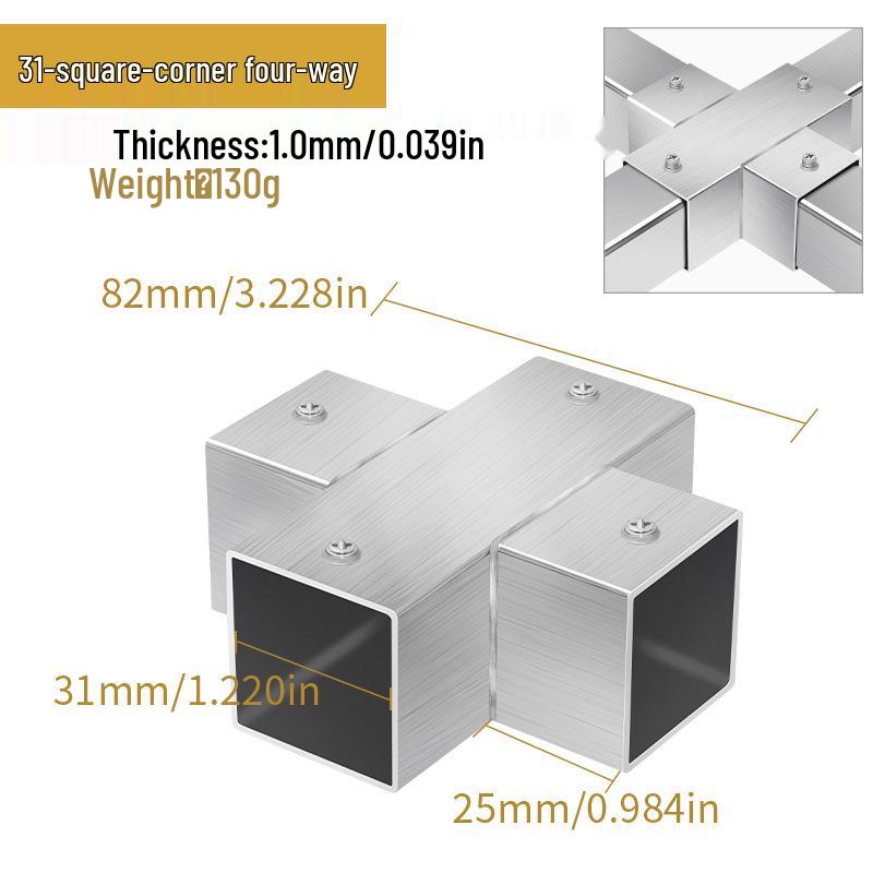 Stainless Steel Weld-Free Square Tube Connector for Shelves - 20/25/30mm