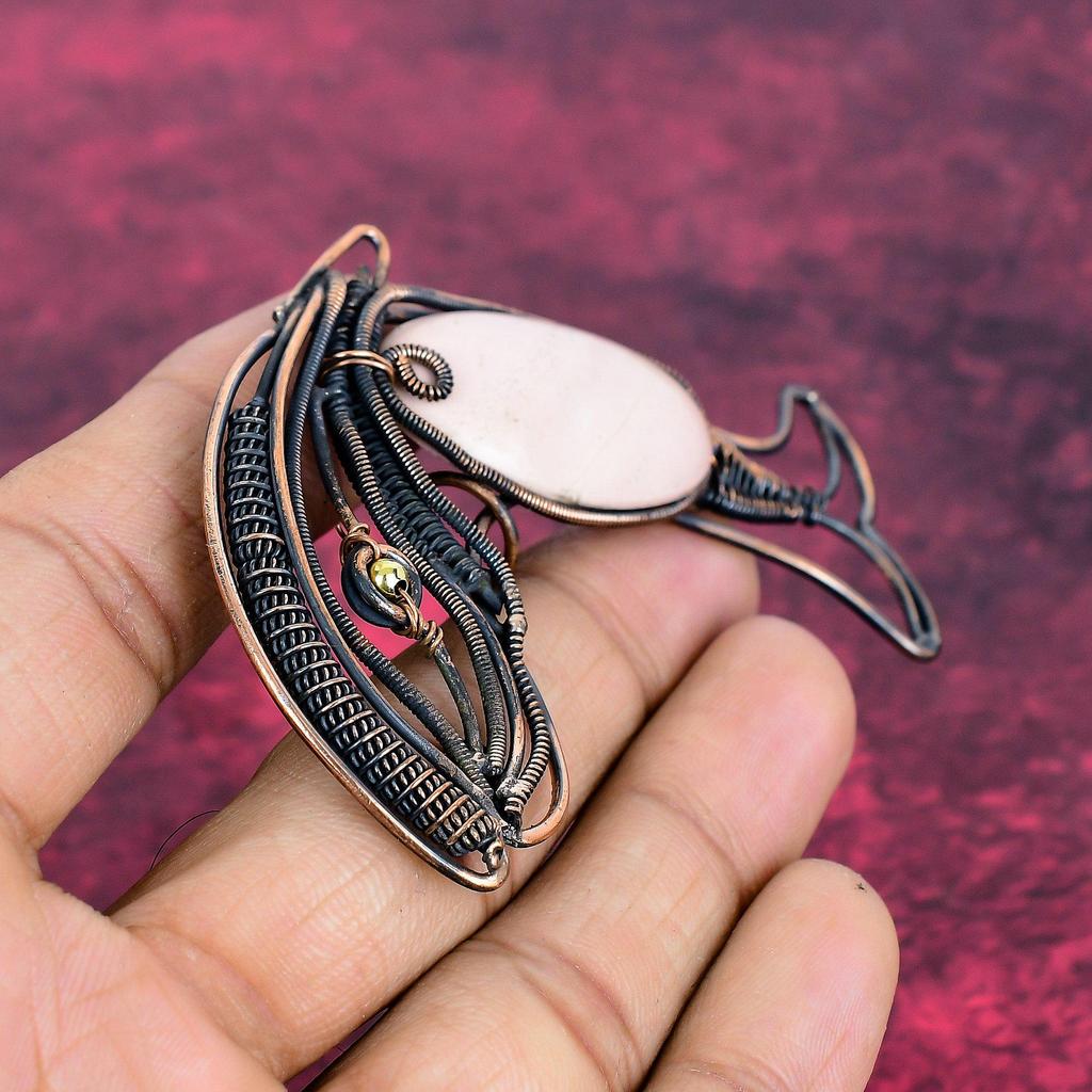 Pink Opal Gemstone Pendant Fish Pendant Copper Wire Wrapped Handmade Jewelry