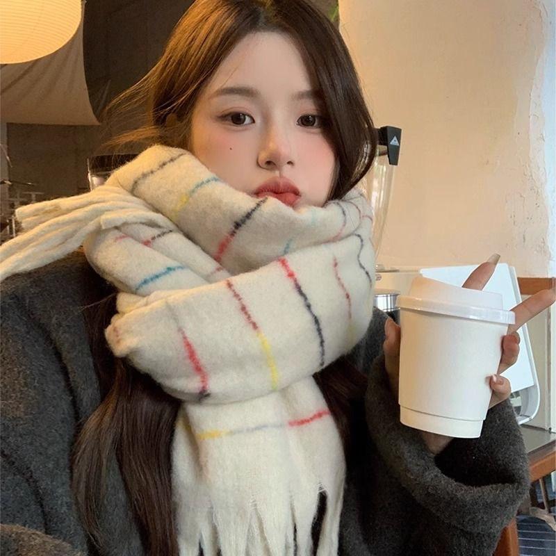New High Sweet Plaid Dopamine Rainbow Gradient Striped Scarf for Women Autumn and Winter Warm Korean Student Sweet Scarf