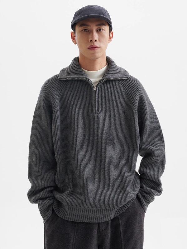 Men's High-Neck Half-Zip Thick Knit Sweater, Retro Loose-Fit Pullover for Autumn/Winter