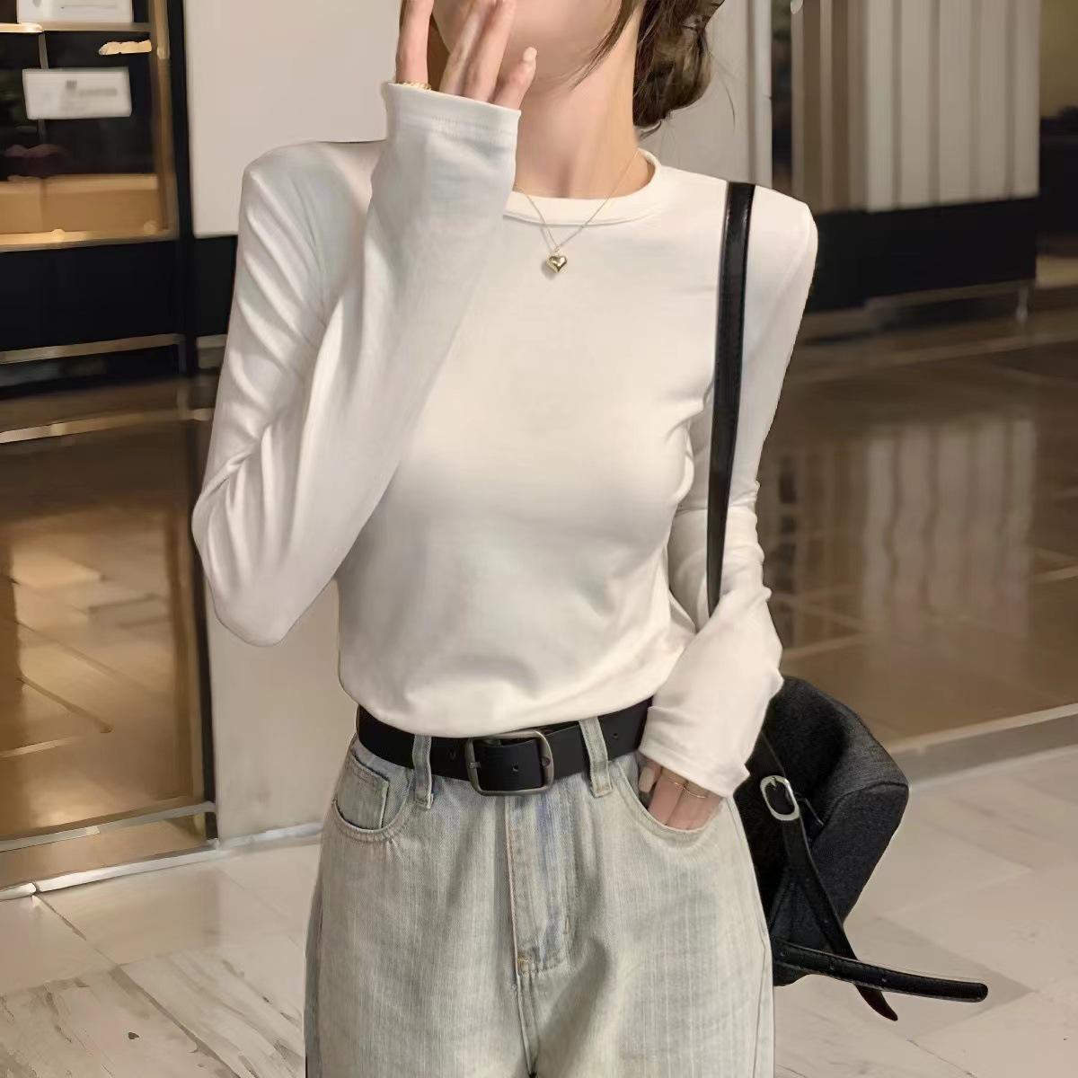 

Футболка большого размера с длинным рукавом из хлопка для женщин — облегающая, на флисовой подкладке, подходит для весны и осени M (up to 90 jin)