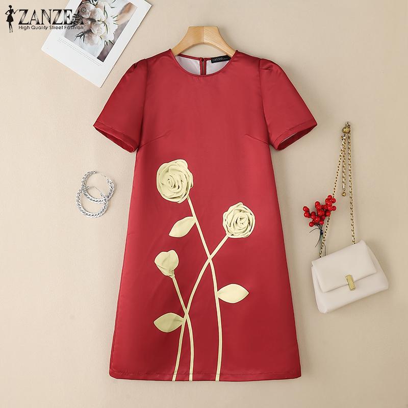 ZANZEA Women Casual Round Neck Summer Short Sleeve Print Dress