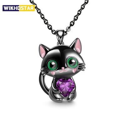 Cartoon Lila Herz Kristall Schwarze Katze Anhänger Halskette Für Frauen Männer Jungen Mädchen Schmuck Zubehör