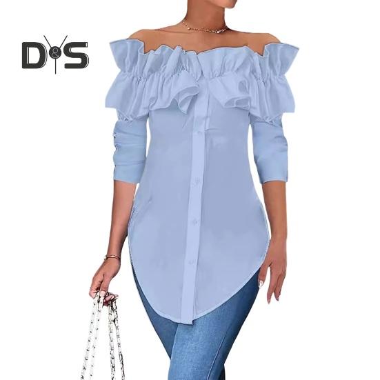 

Женская рубашка с открытыми плечами, оборками и длинными рукавами, однотонная однобортная повседневная рубашка S синий