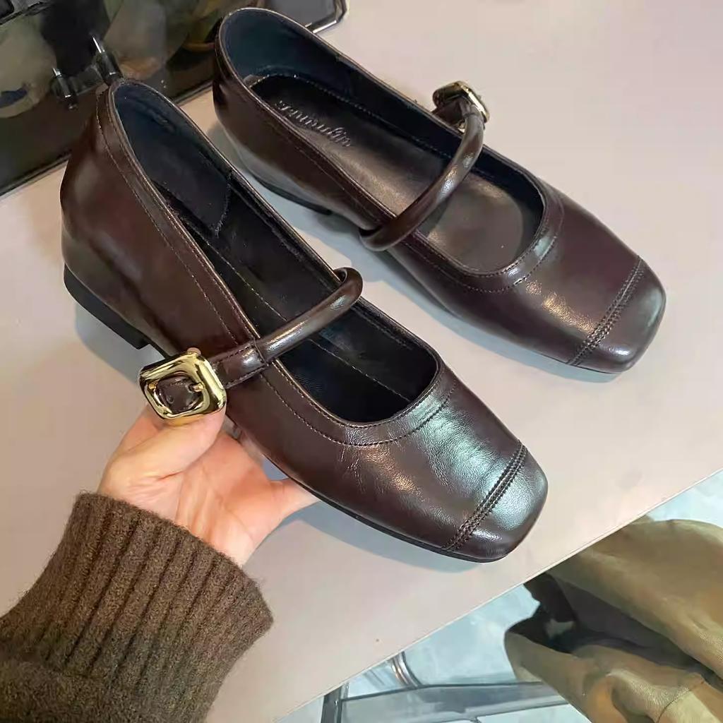 Retro soft leather heightened by 5 cm Mary Jane women's shoes one-word buckle belt square head shallow mouth evening breeze elegant single shoes