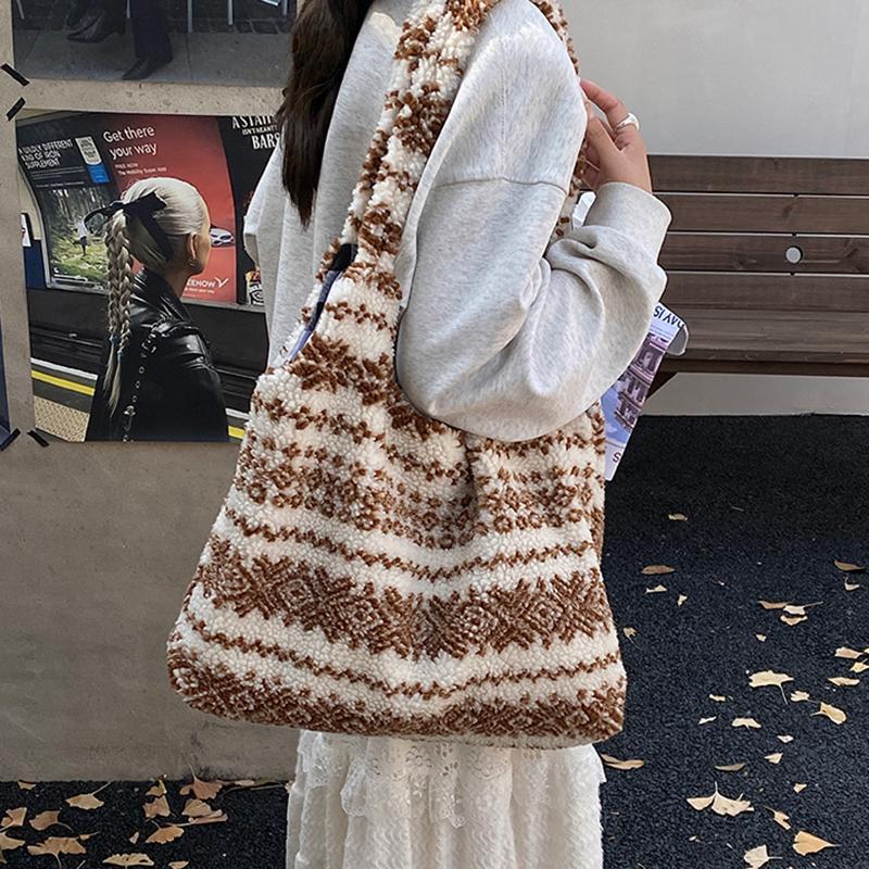 Women's Striped Plush Shopper Tote Bag Lightweight Large Capacity Ethnic Style Shoulder Bag Fluffy Casual Winter Underarm Bags