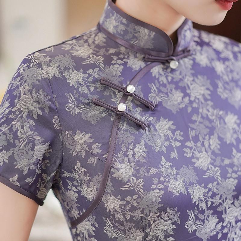 Womens Purple Brocade Qipao Dress Mid-Length Short Sleeve Retro Chinese Style Modern