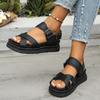 Fashion Large Size Sandals Women 2025 Summer New Black Platform Middle Heel Casual Ladies Shoes Roman Style Buckle Beach Sandales Femmes