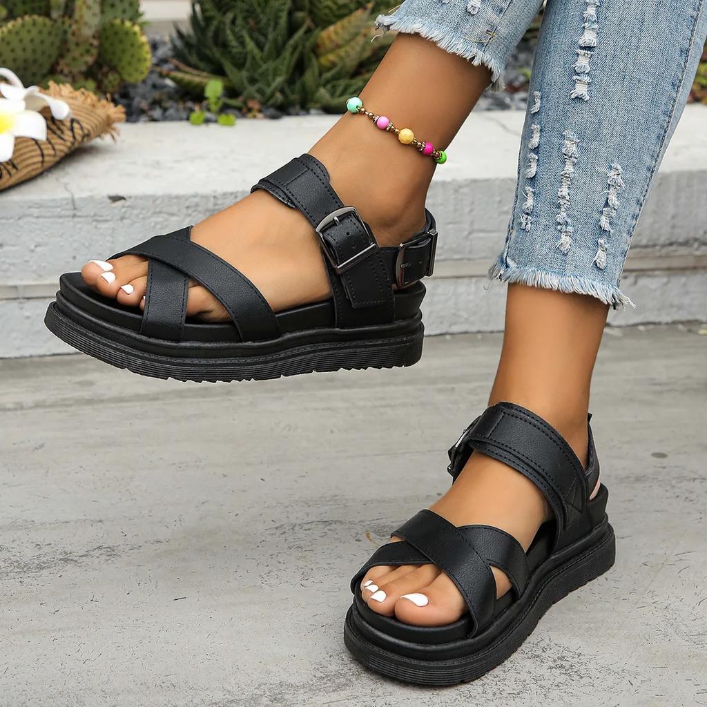 Fashion Large Size Sandals Women 2025 Summer New Black Platform Middle Heel Casual Ladies Shoes Roman Style Buckle Beach Sandales Femmes