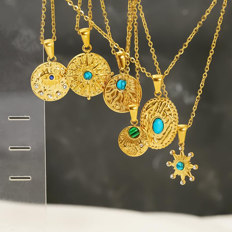 Retro Turquoise Titanium Steel Necklace Medium Antique Temperament Simple Light Luxury Pendant Spot