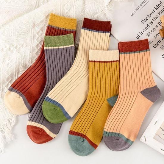 5 Pairs Women Candy Color Splicing Design Socks, Mid-tube Ribbed, Breathable, Sweat-absorbent, High Elastic