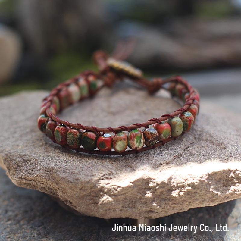 Freeform Shoushan Stone 5x7 Emperor Leather Woven Bohemian Bracelet