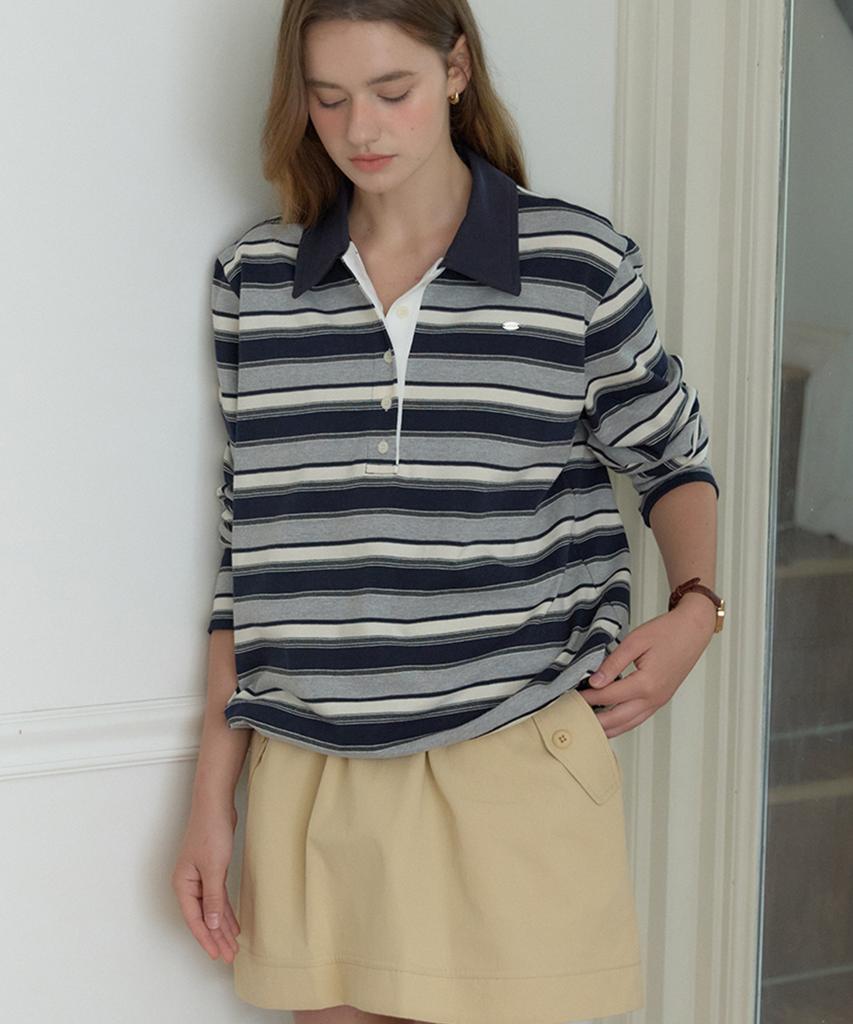OURHOPE Sorbet Stripe Pique Sleeve T-Shirt - Navy