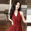 Hong Kong Style Red Strap Neck Sexy Holiday Style Dress Summer New Waist Thin Big Swing Dress