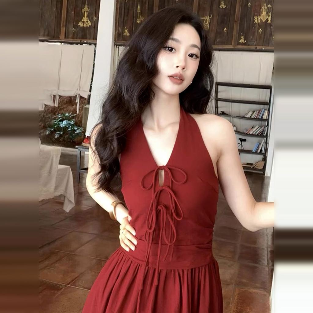 Hong Kong Style Red Strap Neck Sexy Holiday Style Dress Summer New Waist Thin Big Swing Dress