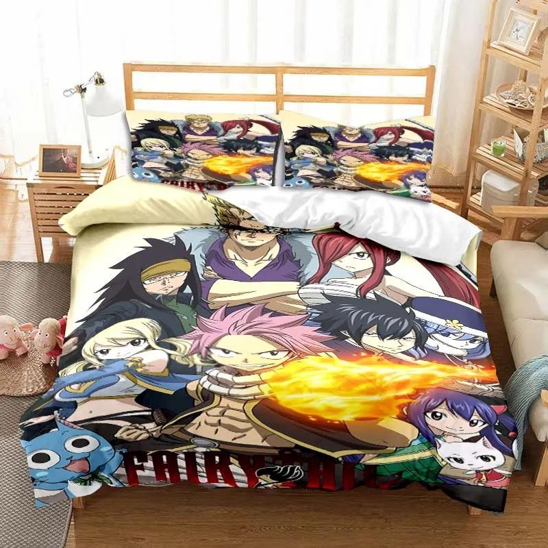3D Anime Fairy Tail Bedding Set Bed Three-piece Set Duvet Cover Single Double Bed Queen Size Duvet Cover Set Adult Kid's Bedroom Tool