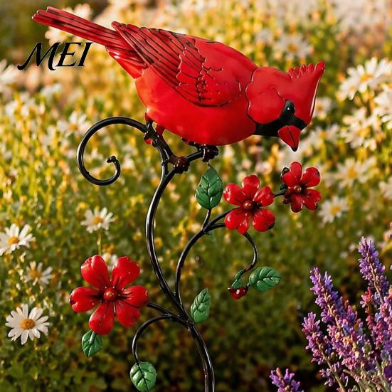 Grandma Memorial Tributes Red Bird Garden Stake, Metal Yard Art Hand Painted Lawn Flower And Ornament for Patio Pathway Site Stake