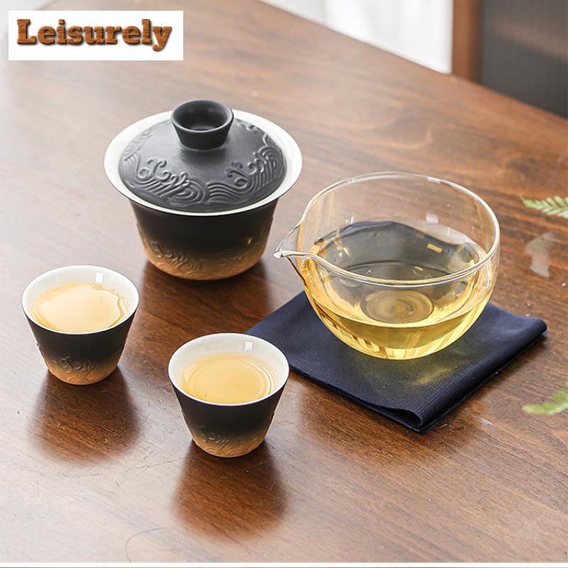 Black Pottery Teapot And Tea Cup Set Kit Tea Making Travel Tea Set Outdoor Portable Bag Chinese Tea Set Supplies 1 Bowl 2 Cups