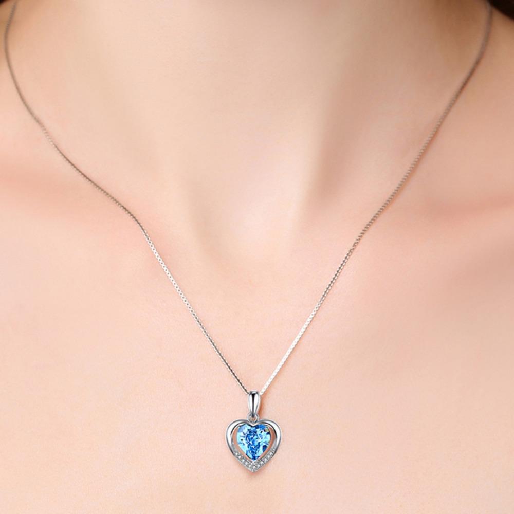 Blue Crystal Heart Pendant Necklace Eternal Love Jewelry for Women