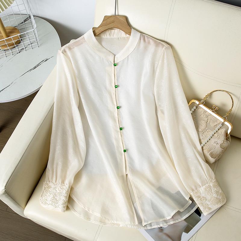 

Women s Stand Collar Floral Embroidered Organza Summer Shirt - Lightweight, Loose Fit Sun Protection Top 3XL (Recommended 62-70kg) грязно-белый