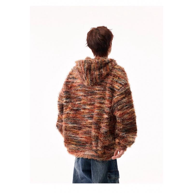 Unisex Gradient Striped Hooded Sweatshirt - Retro Winter Cardigan Style with Oil Painting Knit Design