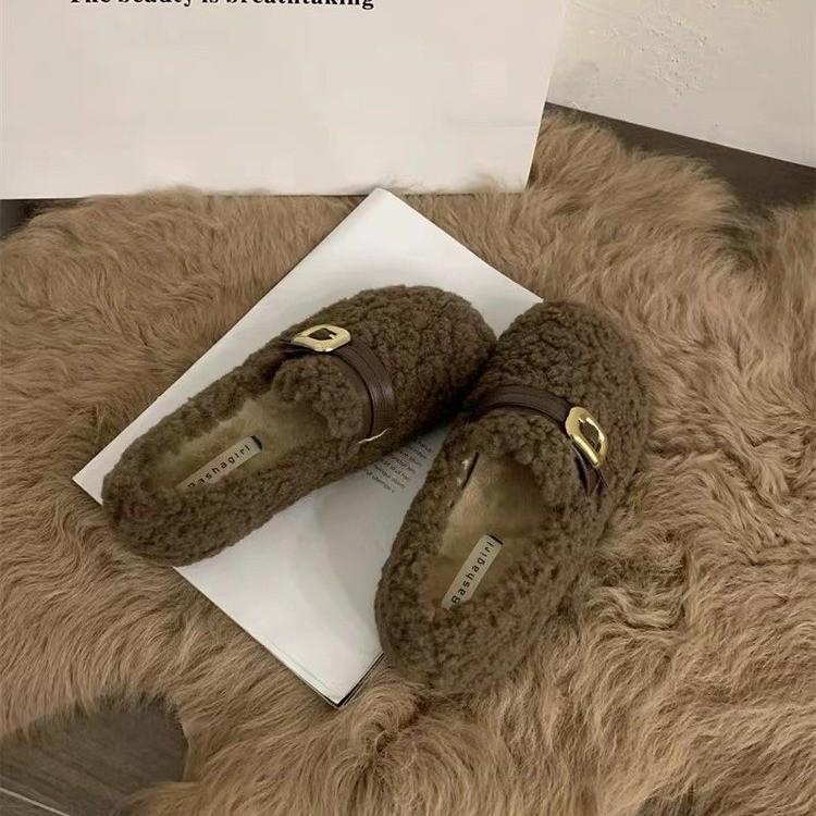 2025 new autumn and winter lamb wool warm piled cotton ladyshoes Korean version gentle pedal wool shoes women's outer wear