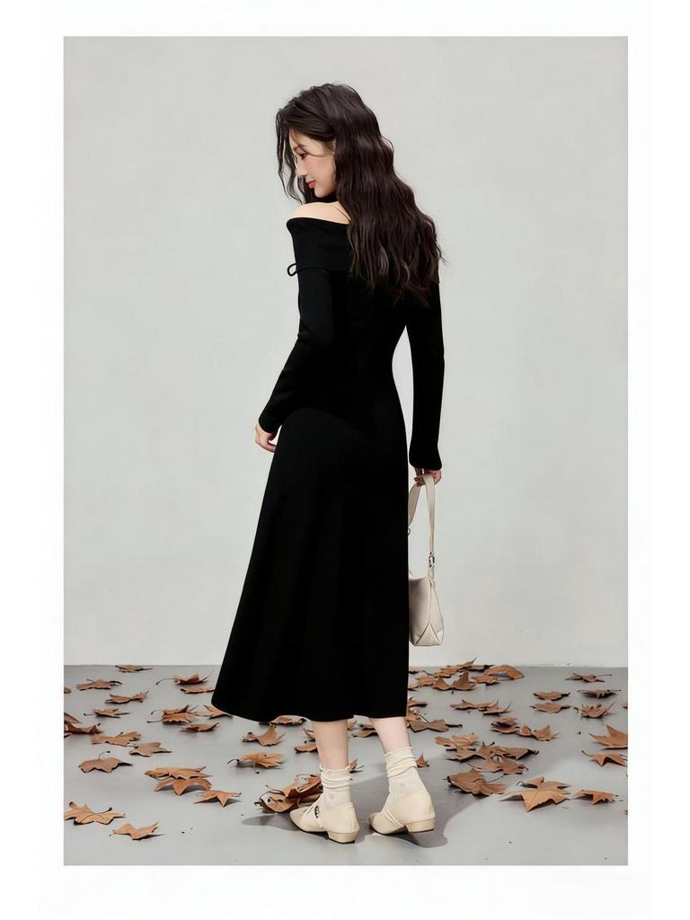 Korean Style Autumn Winter Knit Cinched Waist Slimming Long Dress for Ladies